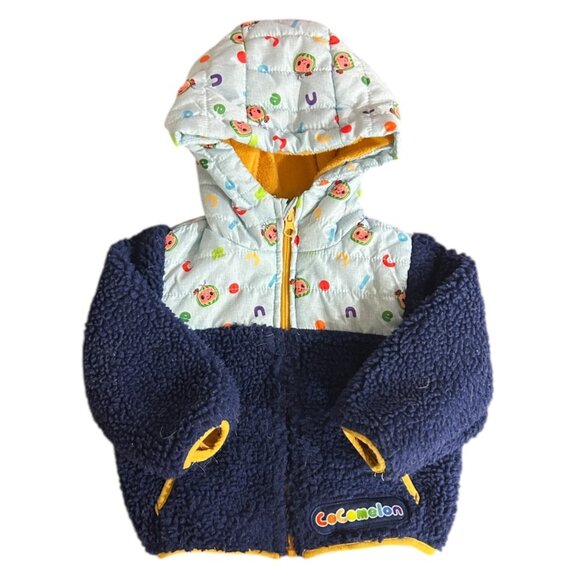 Cocomelon Boys Navy Blue Sherpa Fleece Hooded Coat Sz 6–12M Watermelon Ladybug - Picture 1 of 5